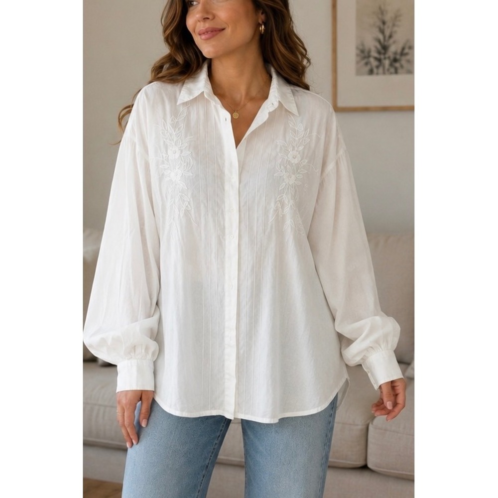 Cotton Express White Embroidered Button Down Shirt 24W Cotton Pintuck Vintage